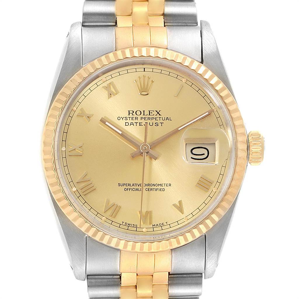 This image shows a front view of the Rolex Oyster Perpetual Datejust Vintage Collection watch, highlighting its dial, bezel, and bracelet.