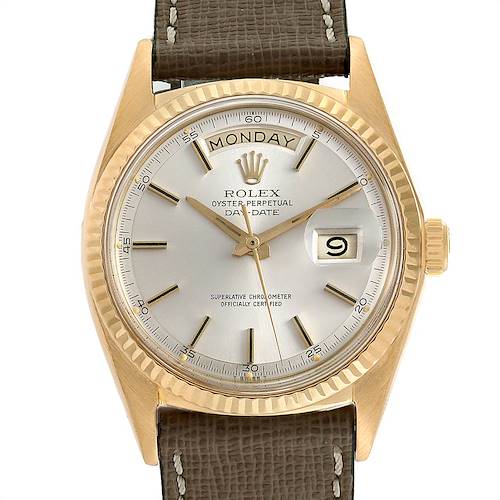 The image shows a front view of a Rolex Vintage Collection 1803 Men's Yellow Gold Silver Dial 1803 Men's Yellow Gold Silver Dial model with a gold case, silver dial, and brown leather strap.