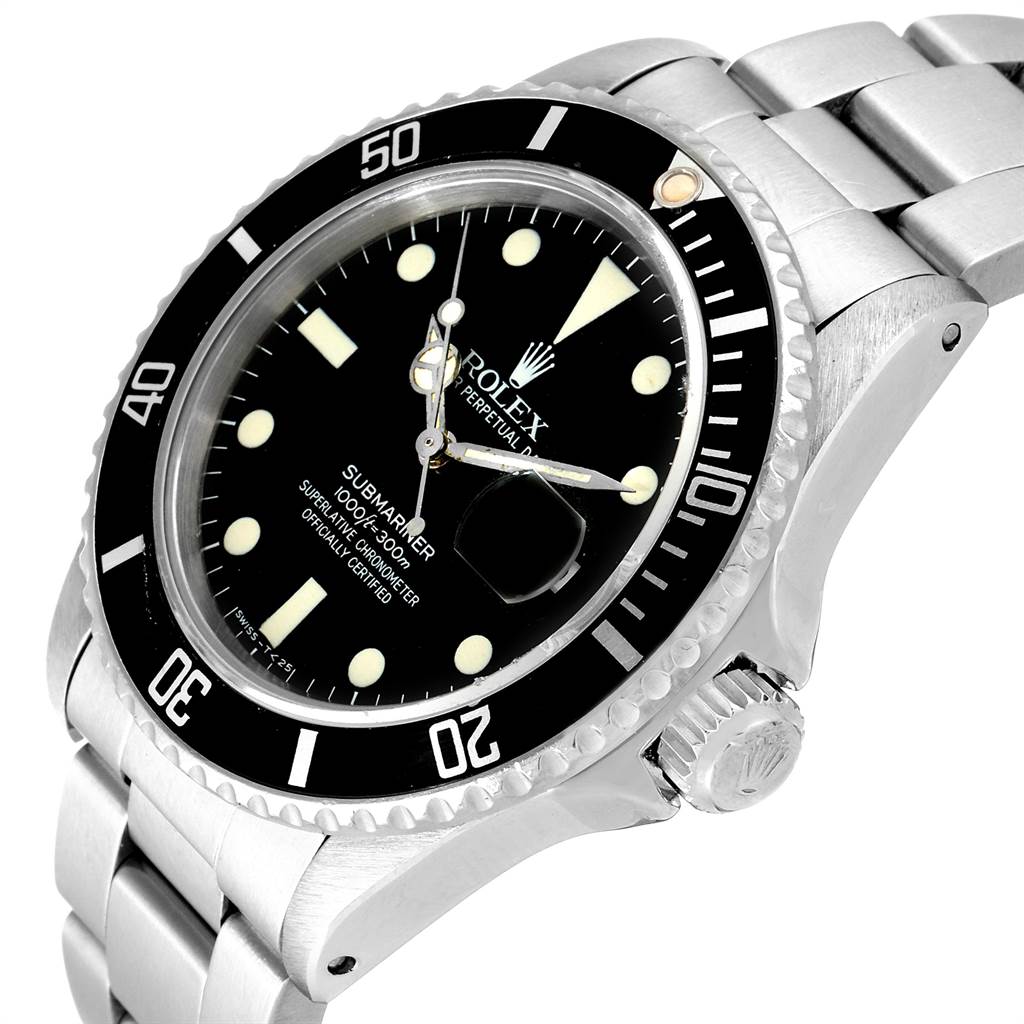The image shows a side-angle view of the Rolex Vintage Collection 16800 Men's Stainless Steel Black Dial 16800 Men's Stainless Steel Black Dial Submariner, highlighting the dial, bezel, crown, and bracelet.