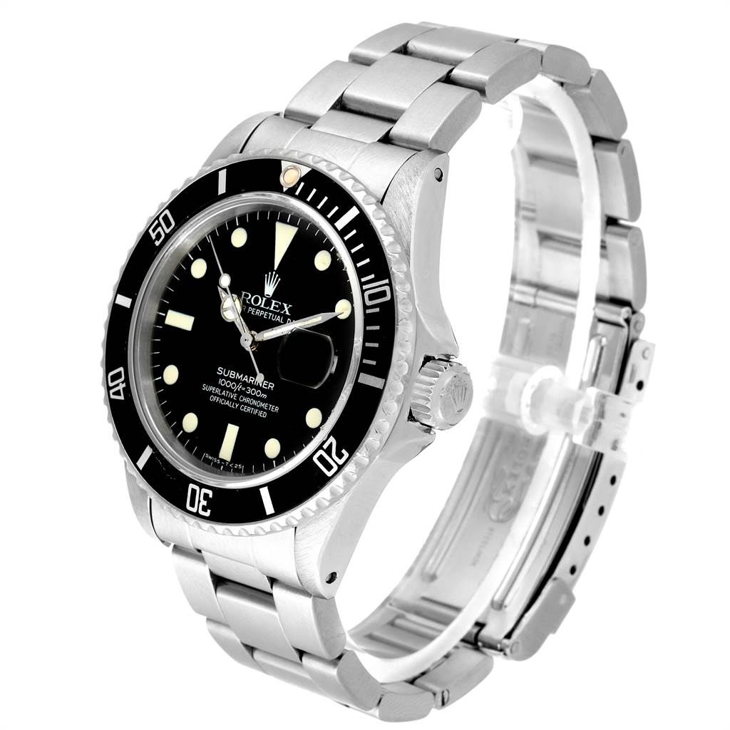 The Rolex Vintage Collection 16800 Men's Stainless Steel Black Dial 16800 Men's Stainless Steel Black Dial model watch is shown from an oblique angle, displaying its black dial, bezel, crown, and metal bracelet.