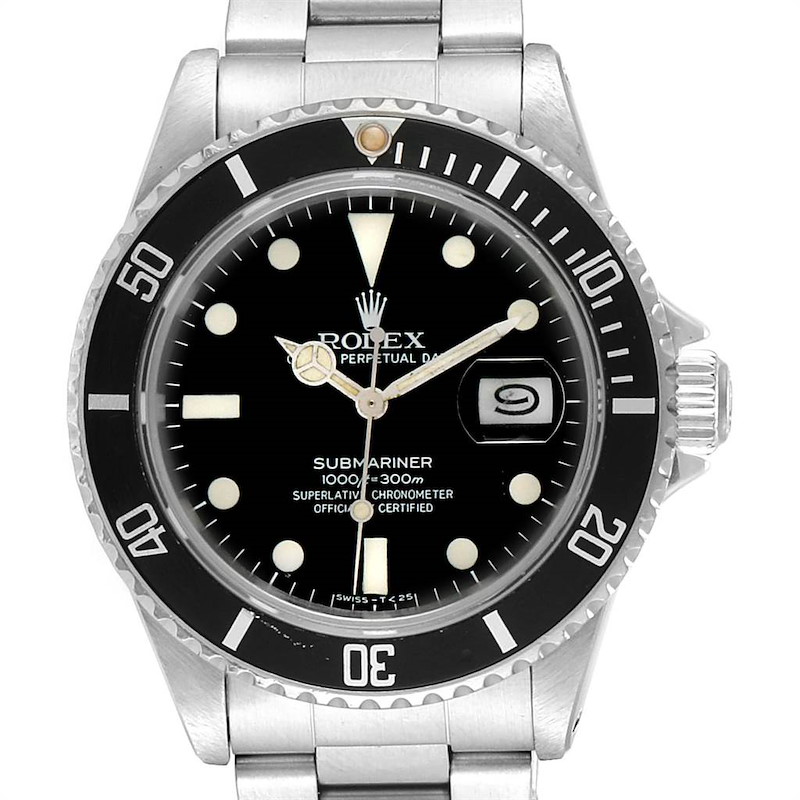 The Rolex Vintage Collection 16800 Men's Stainless Steel Black Dial 16800 Men's Stainless Steel Black Dial Submariner model is shown from a front angle, highlighting the dial, bezel, and part of the bracelet.
