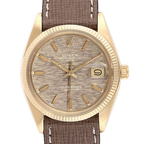 A front view of a Rolex Vintage Collection 1503 Men's Yellow Gold Brown Dial 1503 Men's Yellow Gold Brown Dial watch showing the face, bezel, crown, markers, and date window.
