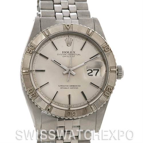 This image shows a front view of a Rolex Vintage Collection 1625 Men's Stainless Steel Silver Dial 1625 Men's Stainless Steel Silver Dial Oyster Perpetual Datejust watch, highlighting its face, bezel, and bracelet.