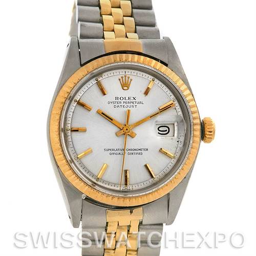 The image shows a frontal view of a Rolex Vintage Collection 1601 Men's Stainless Steel Silver Dial 1601 Men's Stainless Steel Silver Dial Oyster Perpetual Datejust watch highlighting the dial and bracelet.