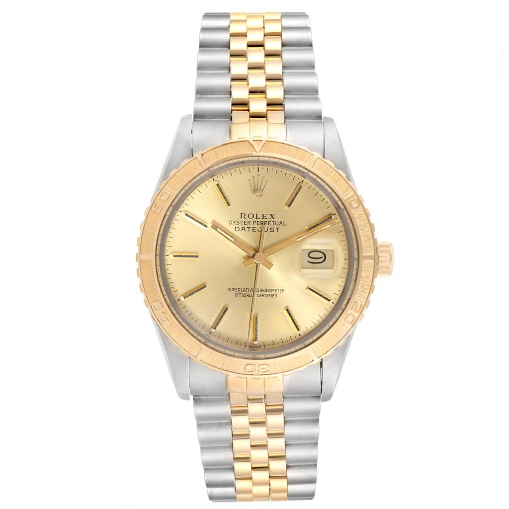 This Rolex Vintage Collection 16253 Men's Steel and Gold (two tone) Champagne Dial 16253 Men's Steel and Gold (two tone) Champagne Dial model shows the face, bezel, and bracelet from a straight-on angle.