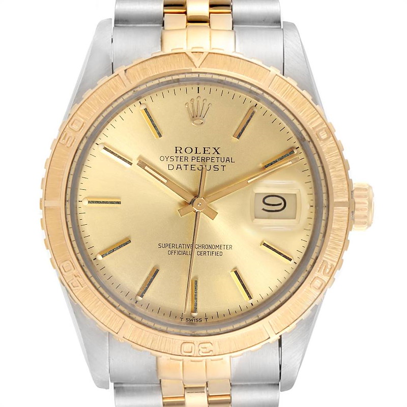 The Rolex Vintage Collection 16253 Men's Steel and Gold (two tone) Champagne Dial 16253 Men's Steel and Gold (two tone) Champagne Dial Datejust model is shown from the front, displaying its gold dial, two-tone bracelet, and date window.