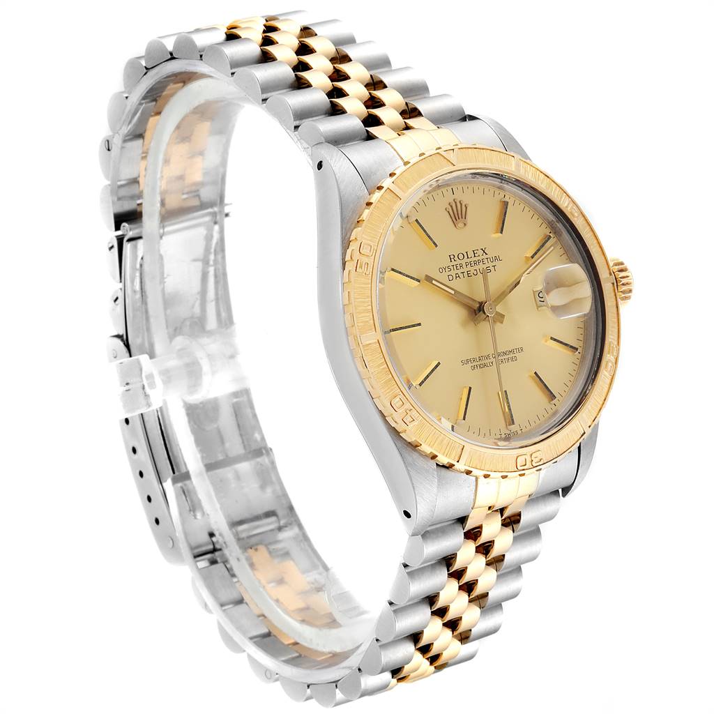 The image shows a Rolex Vintage Collection 16253 Men's Steel and Gold (two tone) Champagne Dial 16253 Men's Steel and Gold (two tone) Champagne Dial model at a three-quarter angle, displaying its gold and silver bracelet, and beige dial.