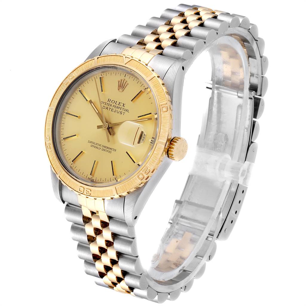 The Rolex Vintage Collection 16253 Men's Steel and Gold (two tone) Champagne Dial 16253 Men's Steel and Gold (two tone) Champagne Dial watch is shown at an oblique angle highlighting the dial, bezel, and two-tone bracelet.