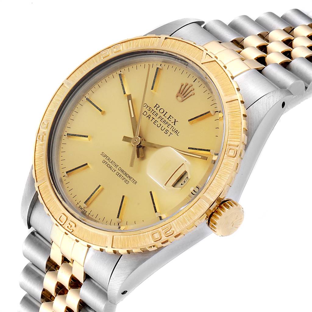 The Rolex Vintage Collection 16253 Men's Steel and Gold (two tone) Champagne Dial 16253 Men's Steel and Gold (two tone) Champagne Dial model watch is shown from a tilted side angle, highlighting the face, bezel, crown, and part of the bracelet.
