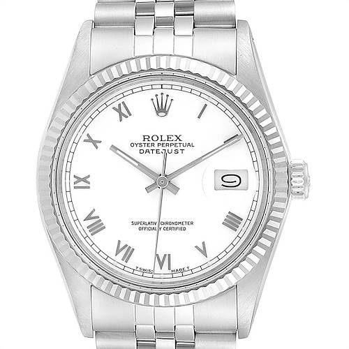 This is a frontal view of the Rolex Vintage Collection 16014 Men's Stainless Steel White Dial 16014 Men's Stainless Steel White Dial Oyster Perpetual Datejust watch, showcasing its face, bezel, and part of the bracelet.