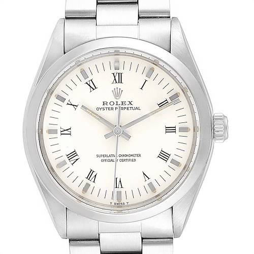 The image shows a front view of the Rolex Vintage Collection 1002 Men's Stainless Steel White Dial 1002 Men's Stainless Steel White Dial watch, highlighting its face, bezel, and part of the bracelet.