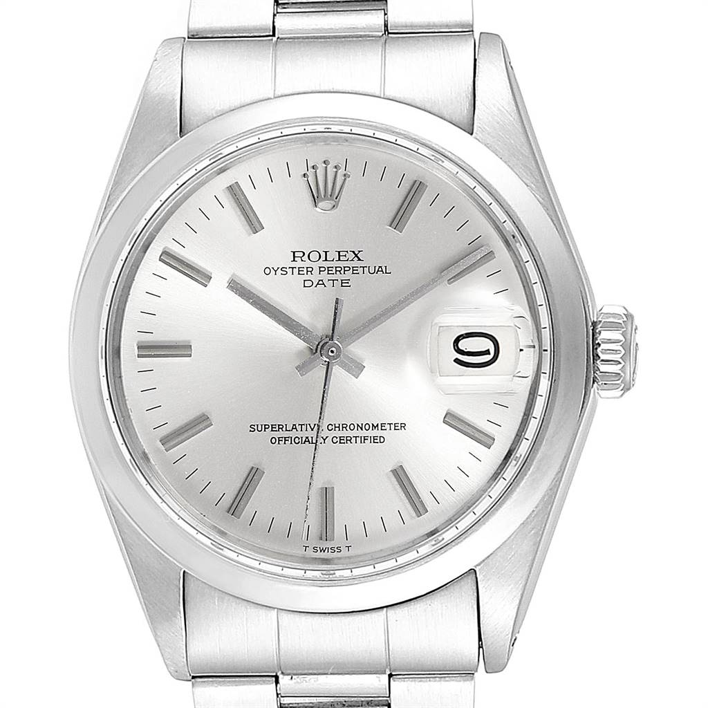 The image shows a front view of the Rolex Vintage Collection 1500 Men's Stainless Steel Silver Dial 1500 Men's Stainless Steel Silver Dial watch, displaying the dial, hands, crown, and part of the bracelet.