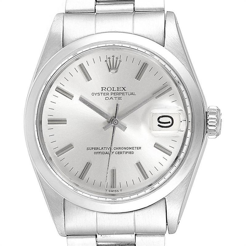 The image shows a front view of the Rolex Vintage Collection 1500 Men's Stainless Steel Silver Dial 1500 Men's Stainless Steel Silver Dial watch, displaying the dial, hands, crown, and part of the bracelet.