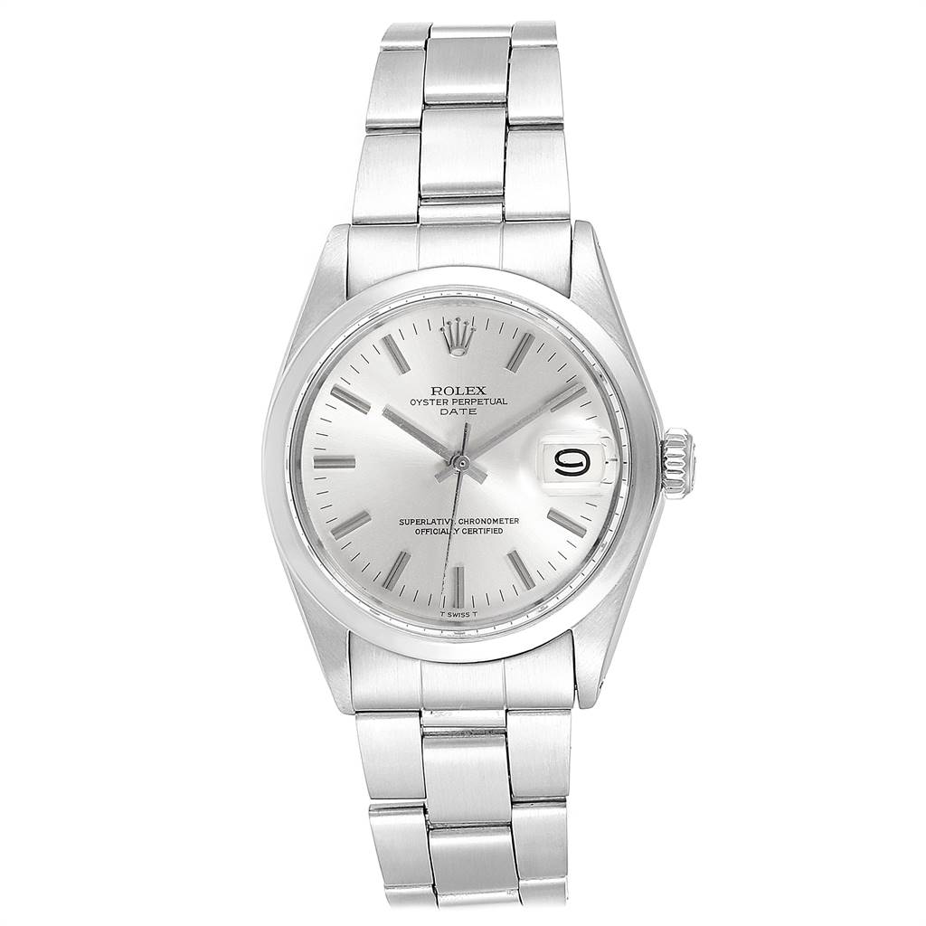 This image shows a front view of a Vintage Collection Rolex Oyster Perpetual Date watch, displaying the face, bezel, and bracelet.