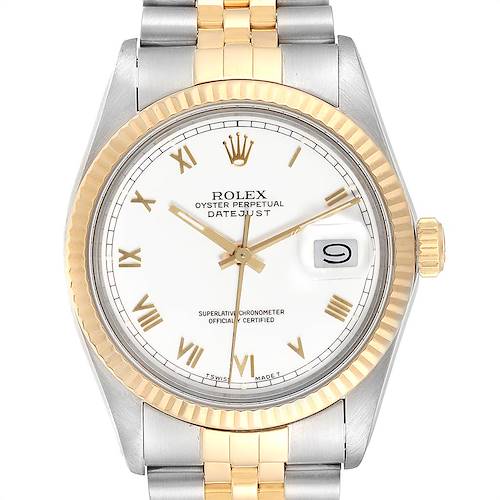 The image shows a front view of the Rolex Vintage Collection 16013 Men's Stainless Steel White Dial 16013 Men's Stainless Steel White Dial Oyster Perpetual Datejust, displaying the dial, bezel, crown, and bracelet.