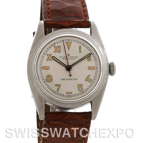 This image shows a front view of the Rolex Vintage Collection 5048 Men's Stainless Steel Silver Dial 5048 Men's Stainless Steel Silver Dial watch, highlighting the dial, bezel, and leather strap.