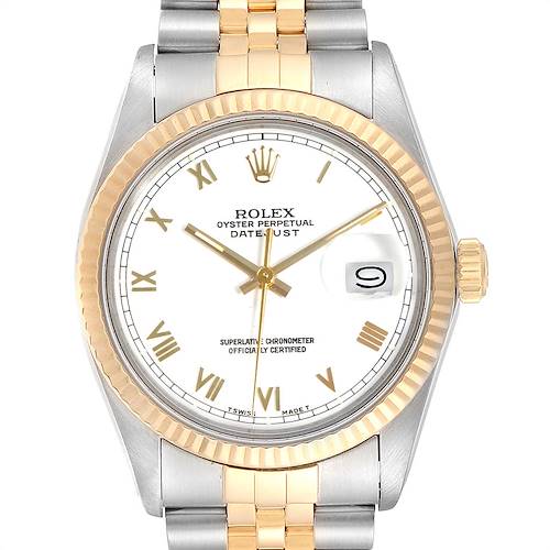 The image shows a frontal view of the Rolex Vintage Collection 16013 Men's Stainless Steel White Dial 16013 Men's Stainless Steel White Dial Datejust watch, highlighting its dial, bezel, and bracelet.