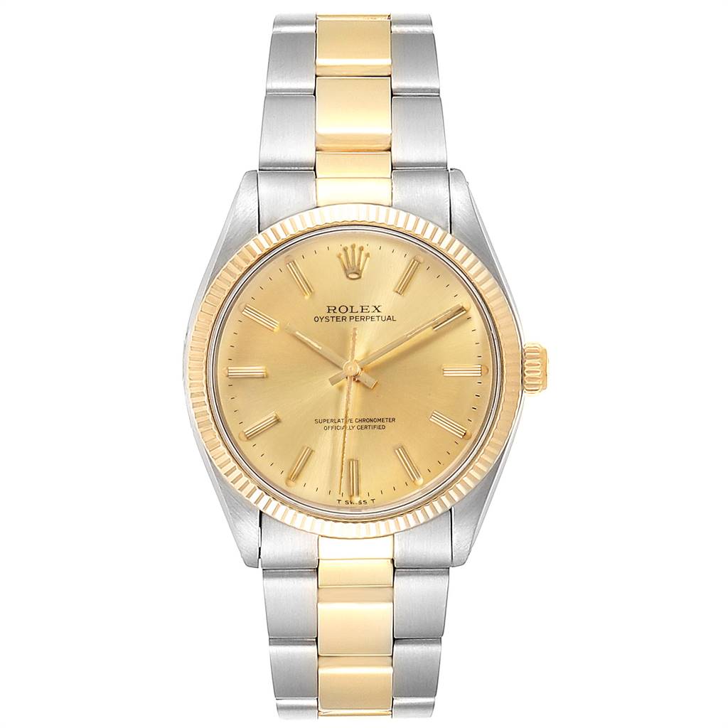 The Rolex Vintage Collection 1005 Men's Steel and Gold (two tone) Champagne Dial 1005 Men's Steel and Gold (two tone) Champagne Dial watch is shown from a front angle displaying its gold dial, bezel, and two-tone bracelet.