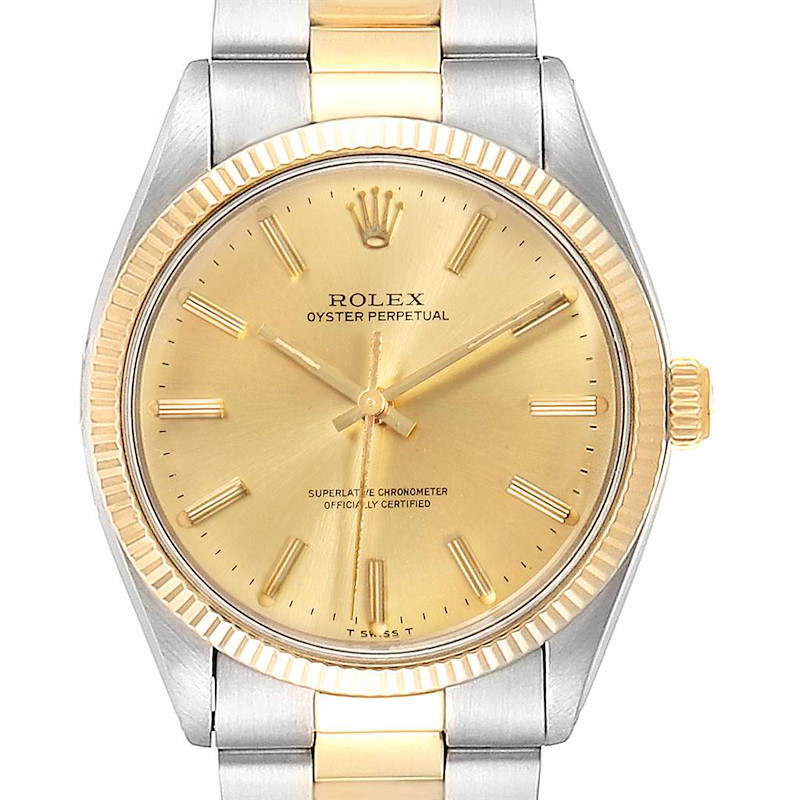 The image shows a front view of the Rolex Vintage Collection 1005 Men's Steel and Gold (two tone) Champagne Dial 1005 Men's Steel and Gold (two tone) Champagne Dial model with a gold dial and two-tone metal bracelet.