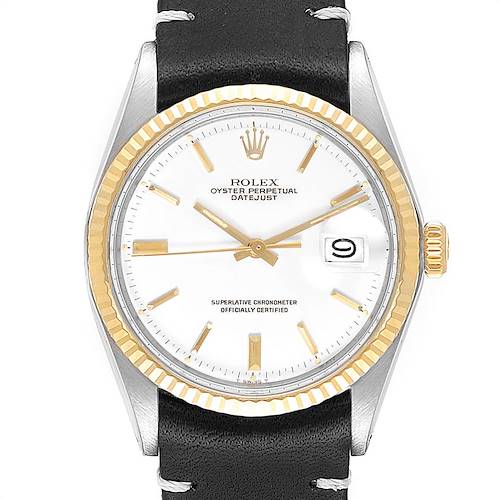 This image shows a front view of the Rolex Vintage Collection 1601 Men's Steel and Gold (two tone) White Dial 1601 Men's Steel and Gold (two tone) White Dial Oyster Perpetual Datejust watch with a gold fluted bezel and leather strap.