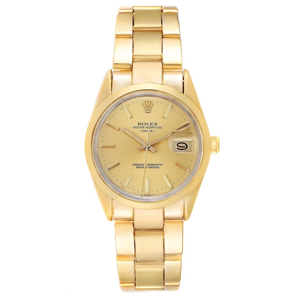 This is a Rolex Vintage Collection 15505 Men's Champagne Dial 15505 Men's Champagne Dial model shown from a front angle, displaying its gold bracelet, dial, and date feature.