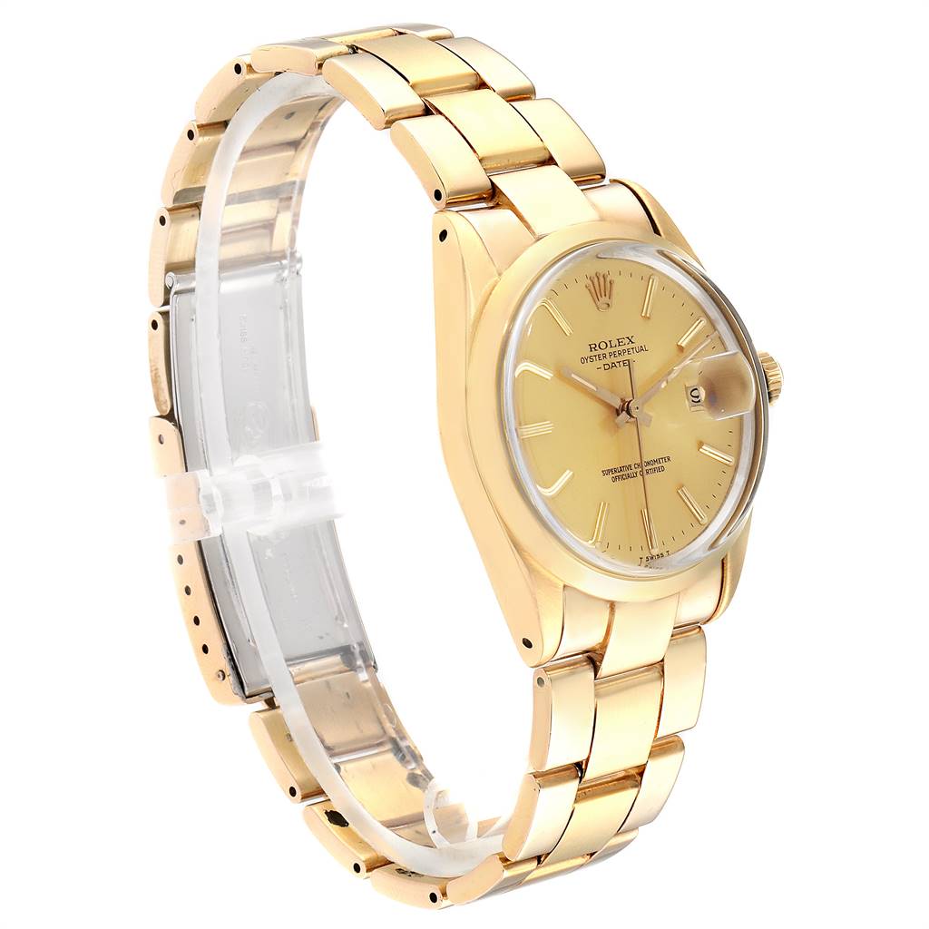 The image shows a side view of a Rolex Vintage Collection 15505 Men's Champagne Dial 15505 Men's Champagne Dial watch featuring its gold dial, case, and bracelet.