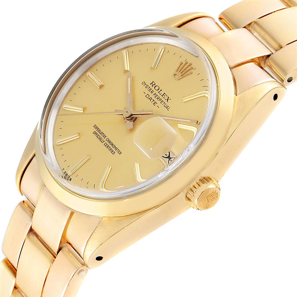 The image shows a close-up of the Rolex Vintage Collection 15505 Men's Champagne Dial 15505 Men's Champagne Dial watch, highlighting the dial, case, and part of the bracelet from a side angle.