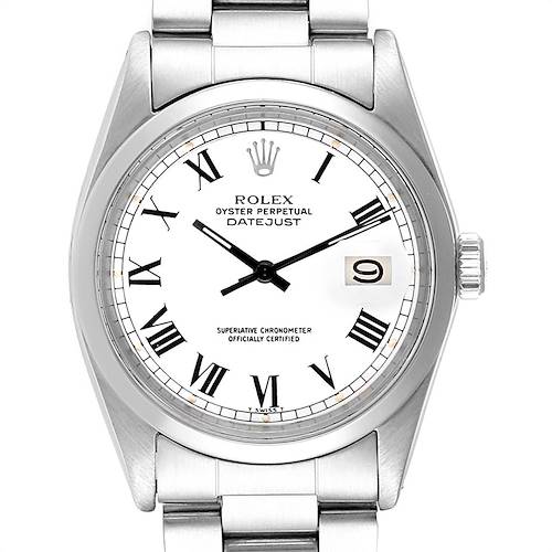 This image shows a frontal view of the Rolex Vintage Collection 1600 Men's Stainless Steel White Dial 1600 Men's Stainless Steel White Dial Datejust watch, featuring its dial, bezel, and part of the bracelet.