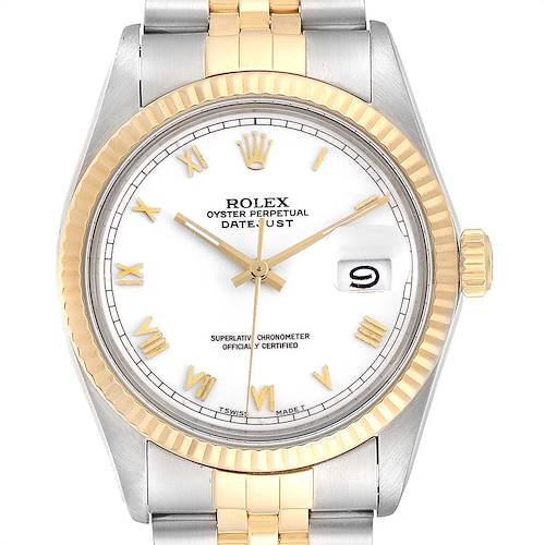 The image shows a Rolex Vintage Collection 16013 Men's Stainless Steel White Dial 16013 Men's Stainless Steel White Dial Datejust model watch from a front view, highlighting its face, bezel, and bracelet.