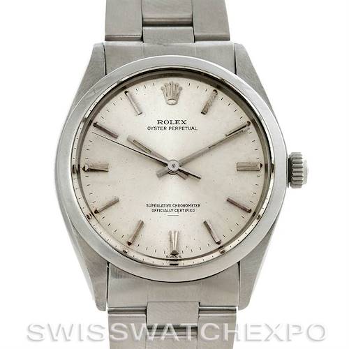 This image shows a front view of the Rolex Vintage Collection 1002 Men's Stainless Steel Silver Dial 1002 Men's Stainless Steel Silver Dial model watch, highlighting its dial, hands, and bracelet.