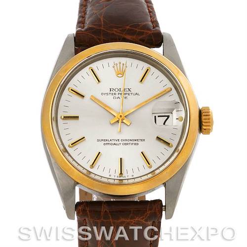 The image shows a front view of the Rolex Vintage Collection 1500 Men's Steel and Gold (two tone) Silver Dial 1500 Men's Steel and Gold (two tone) Silver Dial Oyster Perpetual Date watch with a gold bezel and a leather strap.