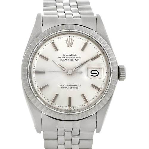This image shows a front view of a Rolex Vintage Collection 1601 Men's Stainless Steel Silver Dial 1601 Men's Stainless Steel Silver Dial Oyster Perpetual Datejust watch with a silver dial and metal bracelet.