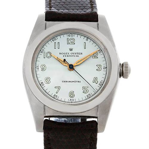 The Rolex Vintage Collection 2940 Men's Stainless Steel Silver Dial 2940 Men's Stainless Steel Silver Dial model is shown in a front view highlighting the dial, hands, case, and leather strap.