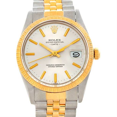 The image shows a frontal view of the Rolex Vintage Collection 15053 Men's Stainless Steel Silver Dial 15053 Men's Stainless Steel Silver Dial watch, showcasing its face, bezel, crown, and part of its bracelet.