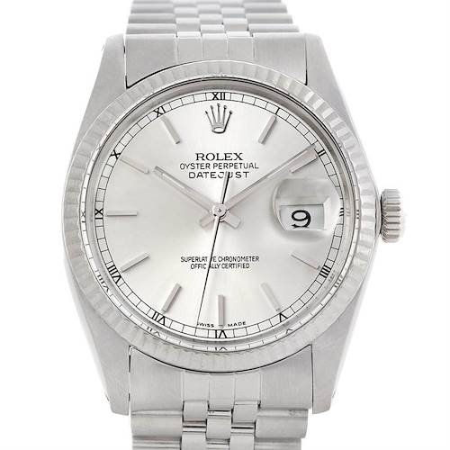 This image shows a front view of the Rolex Vintage Collection 16014 Men's Stainless Steel Silver Dial 16014 Men's Stainless Steel Silver Dial Datejust watch, highlighting its silver dial, date window, and bracelet.
