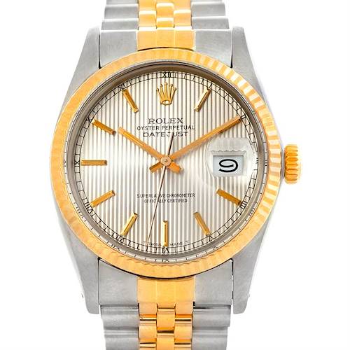 The image shows a front view of a Rolex Vintage Collection 16013 Men's Stainless Steel Silver Dial 16013 Men's Stainless Steel Silver Dial watch, displaying the dial, bezel, bracelet, and crown.