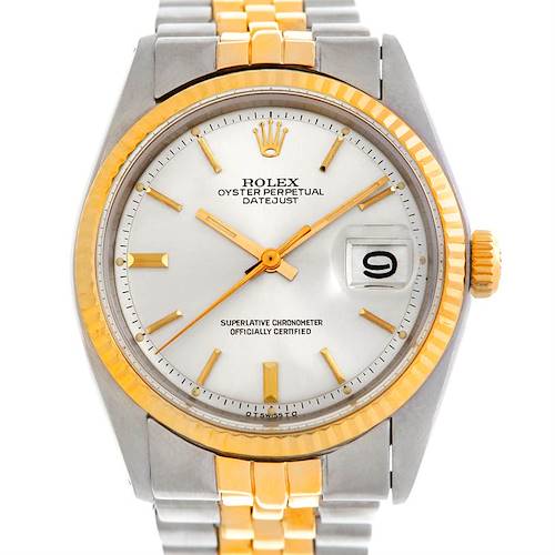This image shows a front view of a Rolex Vintage Collection 1601 Men's Steel and Gold (two tone) Silver Dial 1601 Men's Steel and Gold (two tone) Silver Dial Oyster Perpetual Datejust watch, displaying the face, bezel, crown, and part of the bracelet.