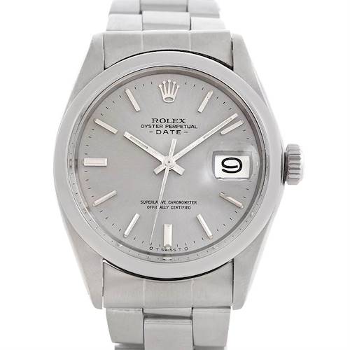 This image shows a front view of the Rolex Vintage Collection 1500 Men's Stainless Steel Silver Dial 1500 Men's Stainless Steel Silver Dial Oyster Perpetual Date watch, displaying the face, date window, and bracelet.