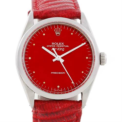 The Rolex Vintage Collection 1002 Men's Stainless Steel Red Dial 1002 Men's Stainless Steel Red Dial model is displayed from a front view, showing its red dial and red leather strap.