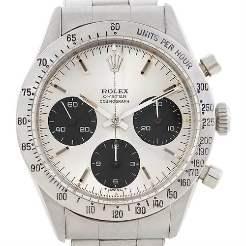 The image shows a frontal view of a Rolex Vintage Collection 6239 Men's Stainless Steel Silver Dial 6239 Men's Stainless Steel Silver Dial Oyster Cosmograph watch, displaying its bezel, dial, and chronograph sub-dials.
