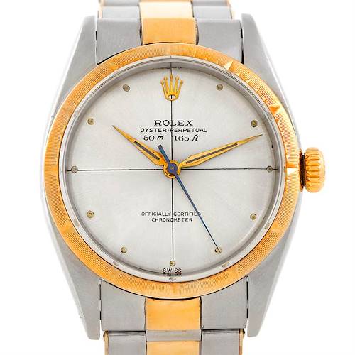 The image shows a front view of a Rolex Vintage Collection 6582 Men's Steel and Gold (two tone) Silver Dial 6582 Men's Steel and Gold (two tone) Silver Dial Oyster Perpetual watch, displaying its dial, hands, bezel, and bracelet.