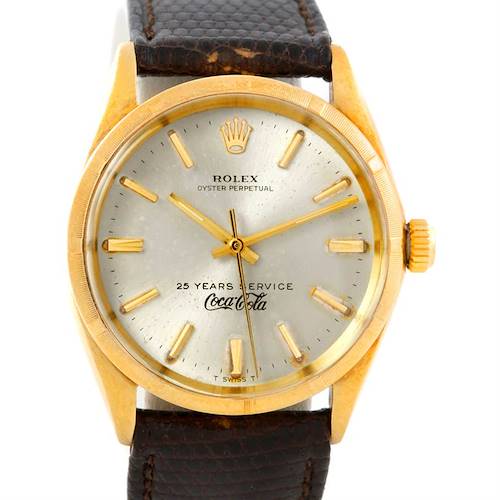 This Rolex Vintage Collection 1003 Yellow Gold Silver Dial 1003 Yellow Gold Silver Dial watch is shown from the front, highlighting its dial, hands, crown, and strap.