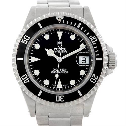 The image shows a frontal view of the Tudor Submariner 79190 Men's Stainless Steel Black Dial 79190 Men's Stainless Steel Black Dial watch, highlighting the dial, bezel, crown, and bracelet.