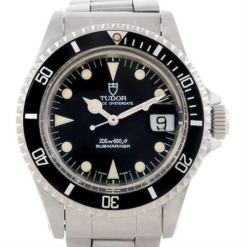 The Tudor Submariner 79090 Men's Stainless Steel Black Dial 79090 Men's Stainless Steel Black Dial watch is shown from the front, displaying its dial, bezel, hands, and date window.