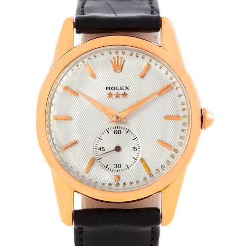 The image shows a Rolex Vintage Collection 8405 Men's Rose Gold Silver Dial 8405 Men's Rose Gold Silver Dial watch, viewed from the front, displaying its face, crown, and leather strap.