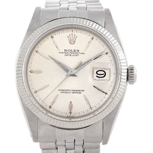 The image shows a close-up of the Rolex Vintage Collection 1603 Men's Stainless Steel Silver Dial 1603 Men's Stainless Steel Silver Dial watch, featuring its dial, bezel, crown, and part of the bracelet.