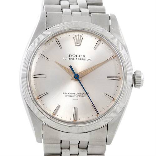 The image shows a close-up of the Rolex Vintage Collection 1003 Men's Stainless Steel Silver Dial 1003 Men's Stainless Steel Silver Dial watch, highlighting the dial, hands, crown, and part of the bracelet.