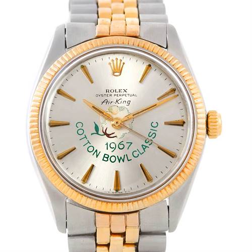 The image shows a straight-on view of a Rolex Air-King Vintage Collection watch, highlighting the dial, bezel, and part of the bracelet.