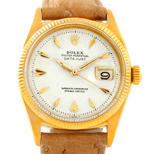 The image shows a frontal view of the Rolex Vintage Collection 6605 Men's Yellow Gold Silver Dial 6605 Men's Yellow Gold Silver Dial Oyster Perpetual Datejust watch, highlighting its dial, bezel, and leather strap.