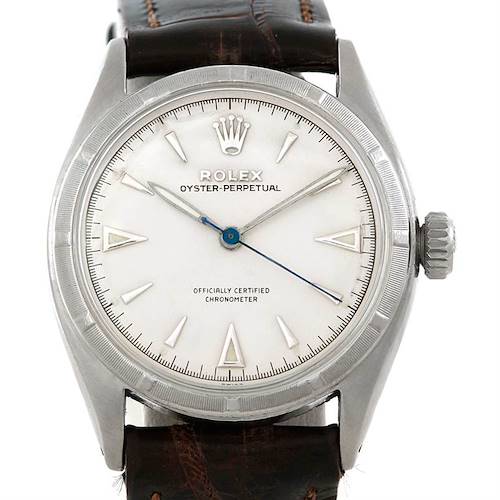 The image shows a front view of the Vintage Collection Rolex Oyster-Perpetual watch, highlighting the dial, crown, and leather strap.